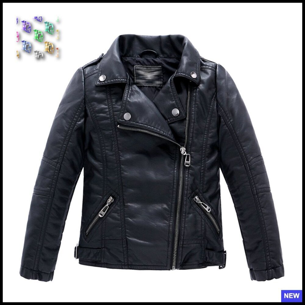 Kids Faux Leather Bomber Jacket Retro Motorcycle Style Winter Coat Warm